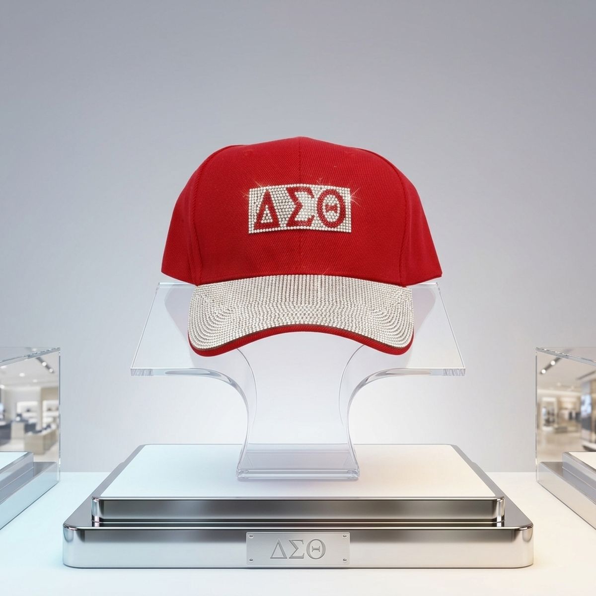 DST Red Canvas Greek Rhinestone Baseball Hat