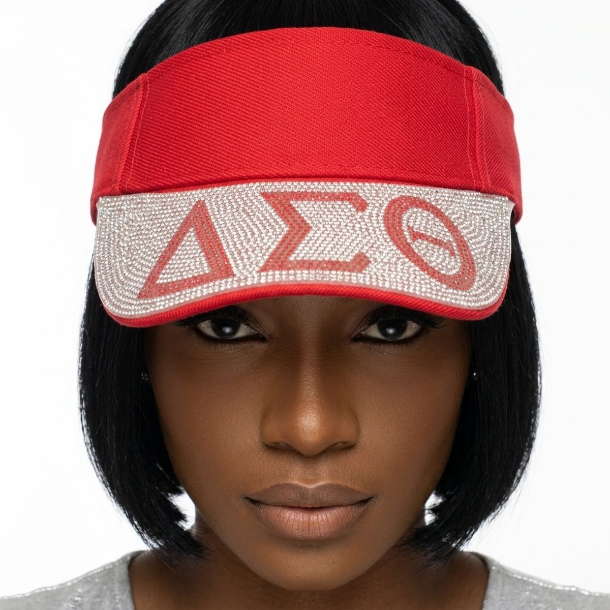 DST Red Canvas Greek Rhinestone Brim Visor Hat