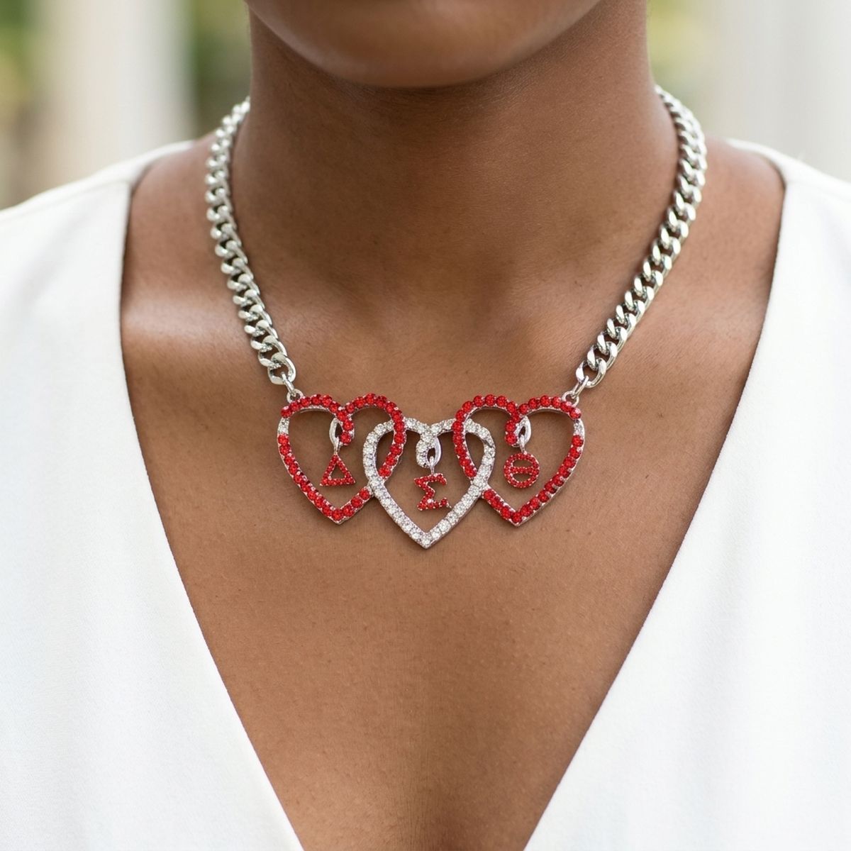DST Red and Clear Triple Heart Pendant Necklace