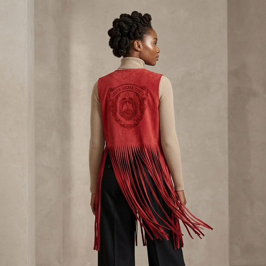 DST Crest Large Red Faux Suede Long Fringe Vest