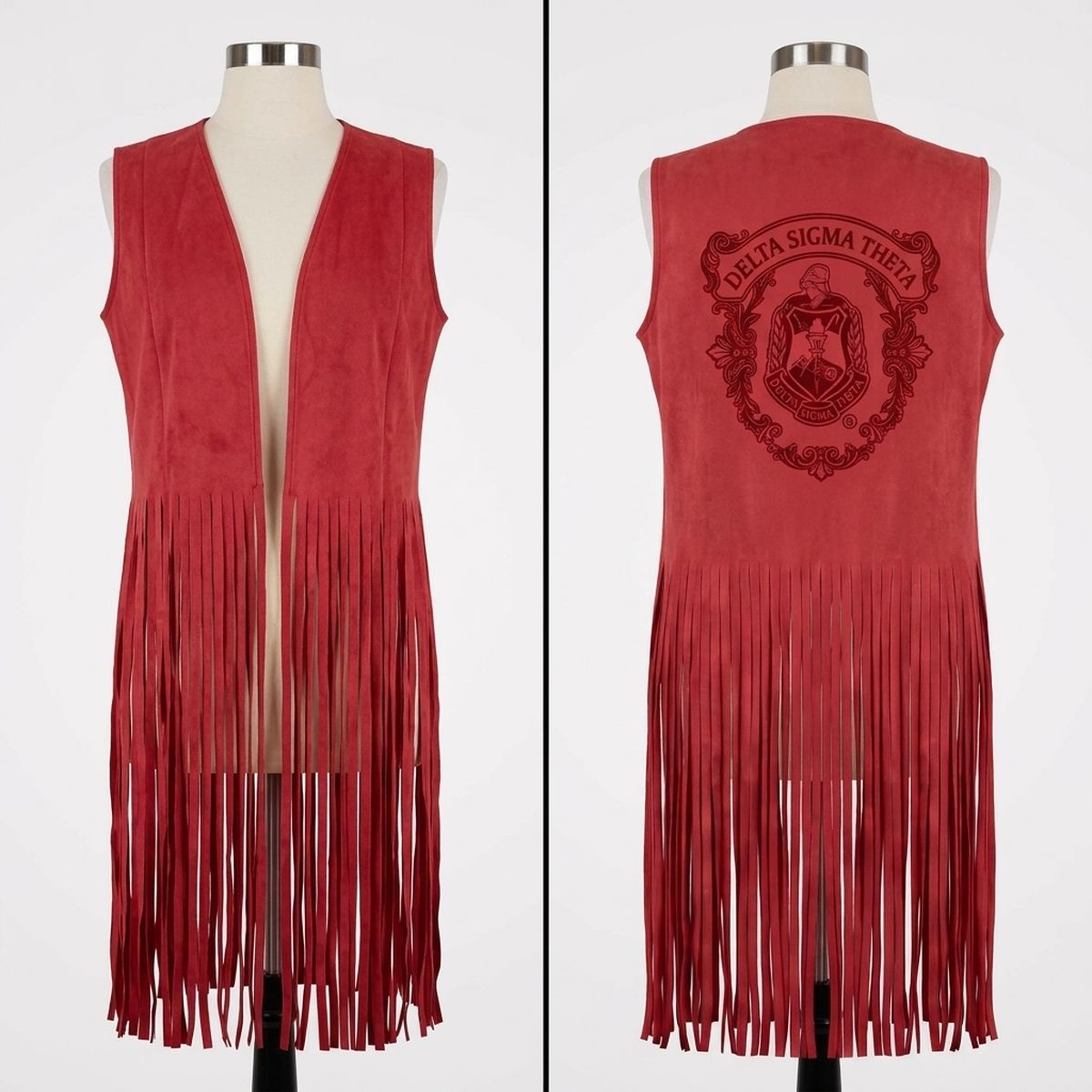 DST Crest Large Red Faux Suede Long Fringe Vest