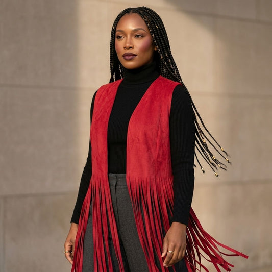 DST Crest X-Large Red Faux Suede Long Fringe Vest