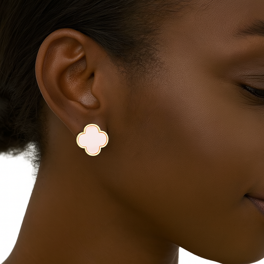 Gold Light Pink Quatrefoil Clover Earrings