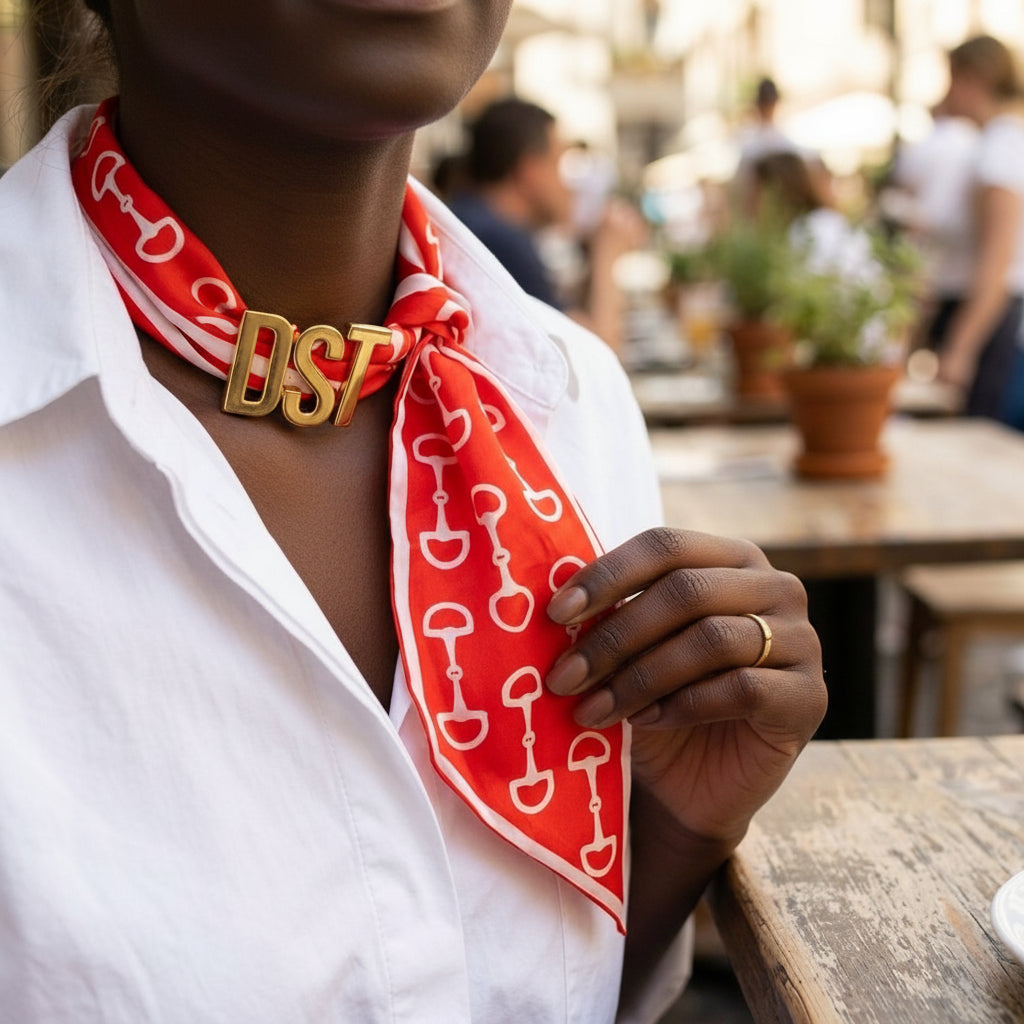 DST Gold Letter Red White Horsebit Scarf Necklace