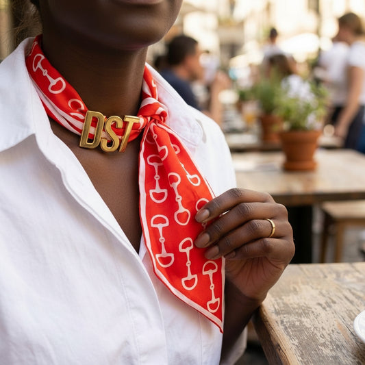 DST Gold Letter Red White Horsebit Scarf Necklace