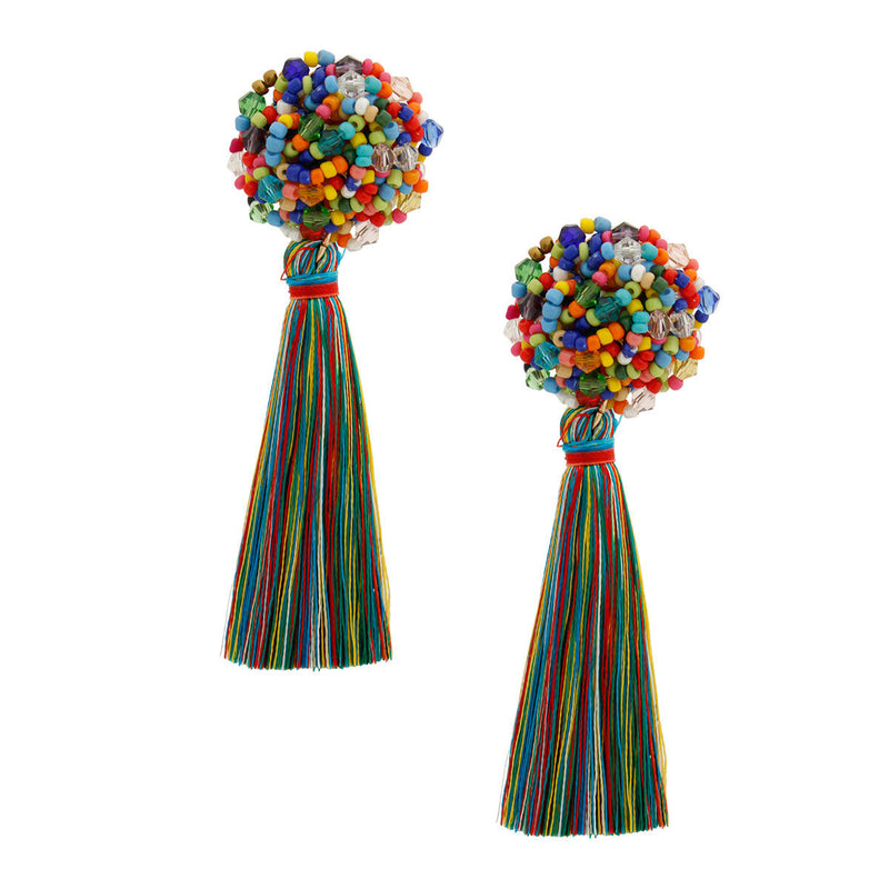 Multi Color Cluster Bead Tassel Earrings