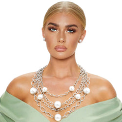 White Pearl 4 Layer Chain Link Necklace