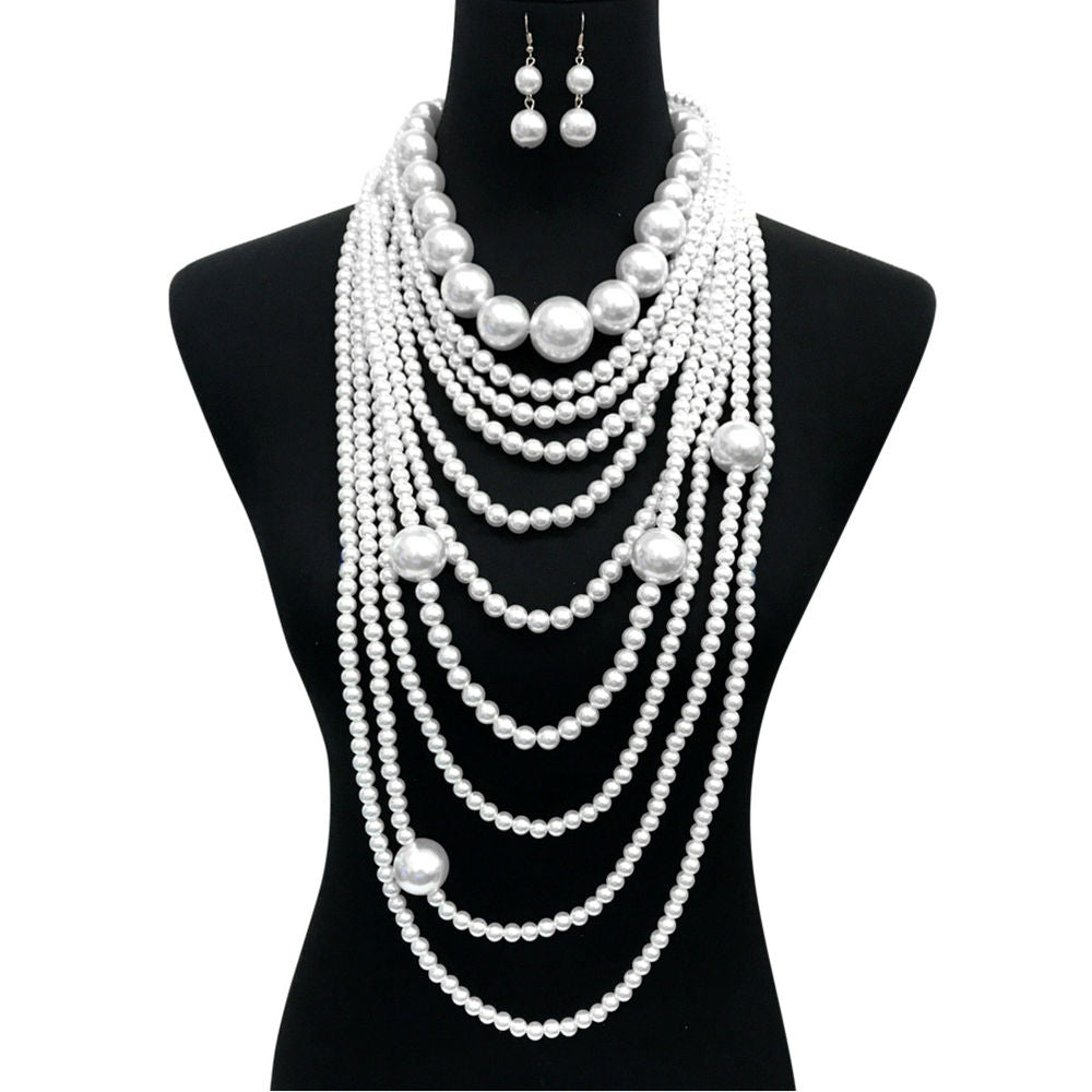 Long White Pearl Necklace Set