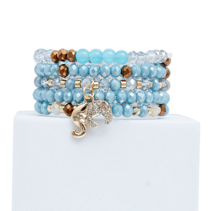 Light Blue Glass 5 Pcs Elephant Bracelets
