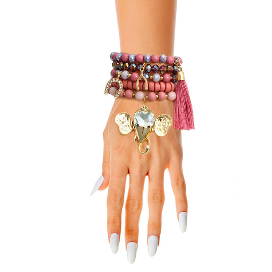 Mauve Bead Elephant Charm Bracelets