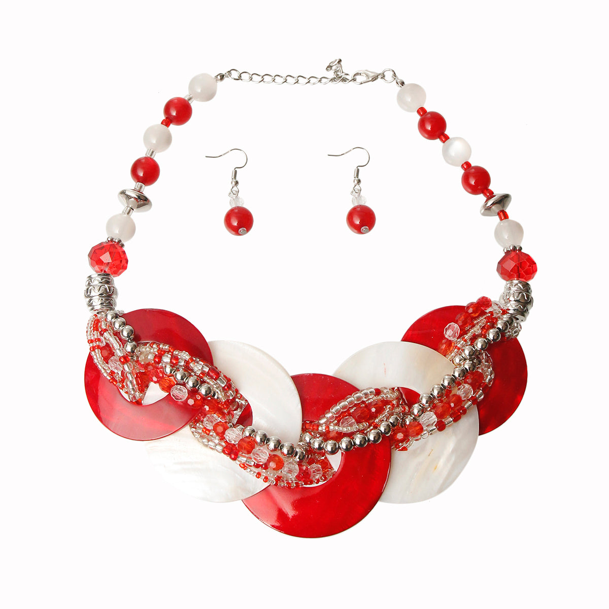 Red and White Beaded Disc Necklace Set