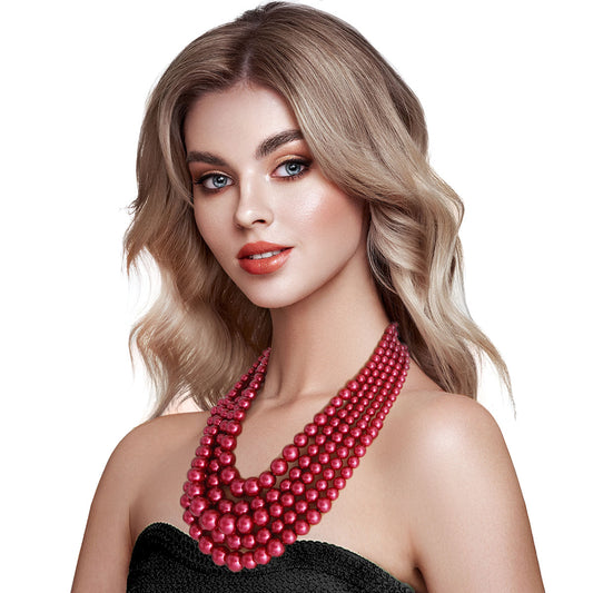 Burgundy Multi Strand Pearl Necklace Set