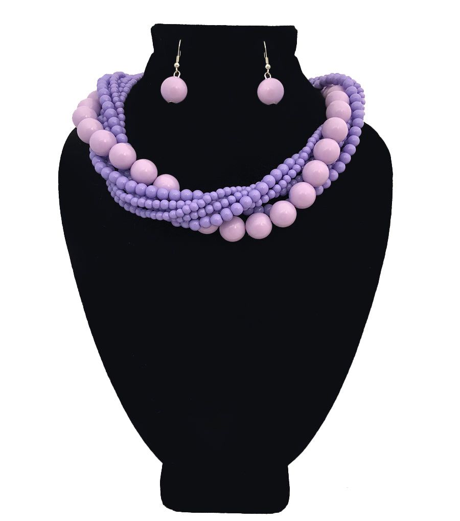 Silver and Lavender Bead Twisted Necklace Set