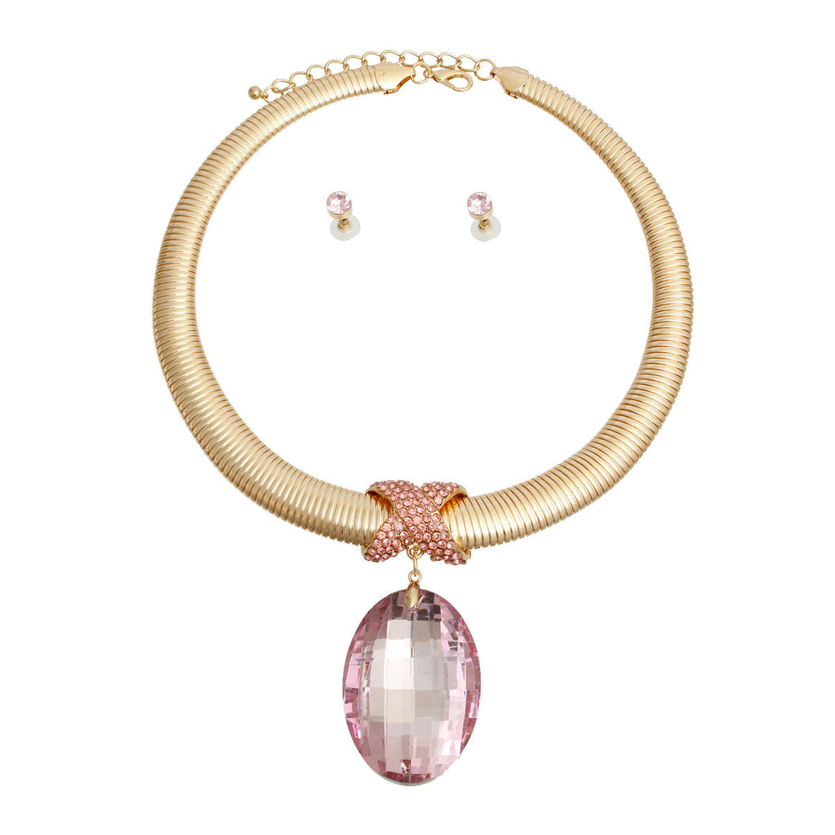 Pink Oval Omega Chain Set Pink with Gold Plating