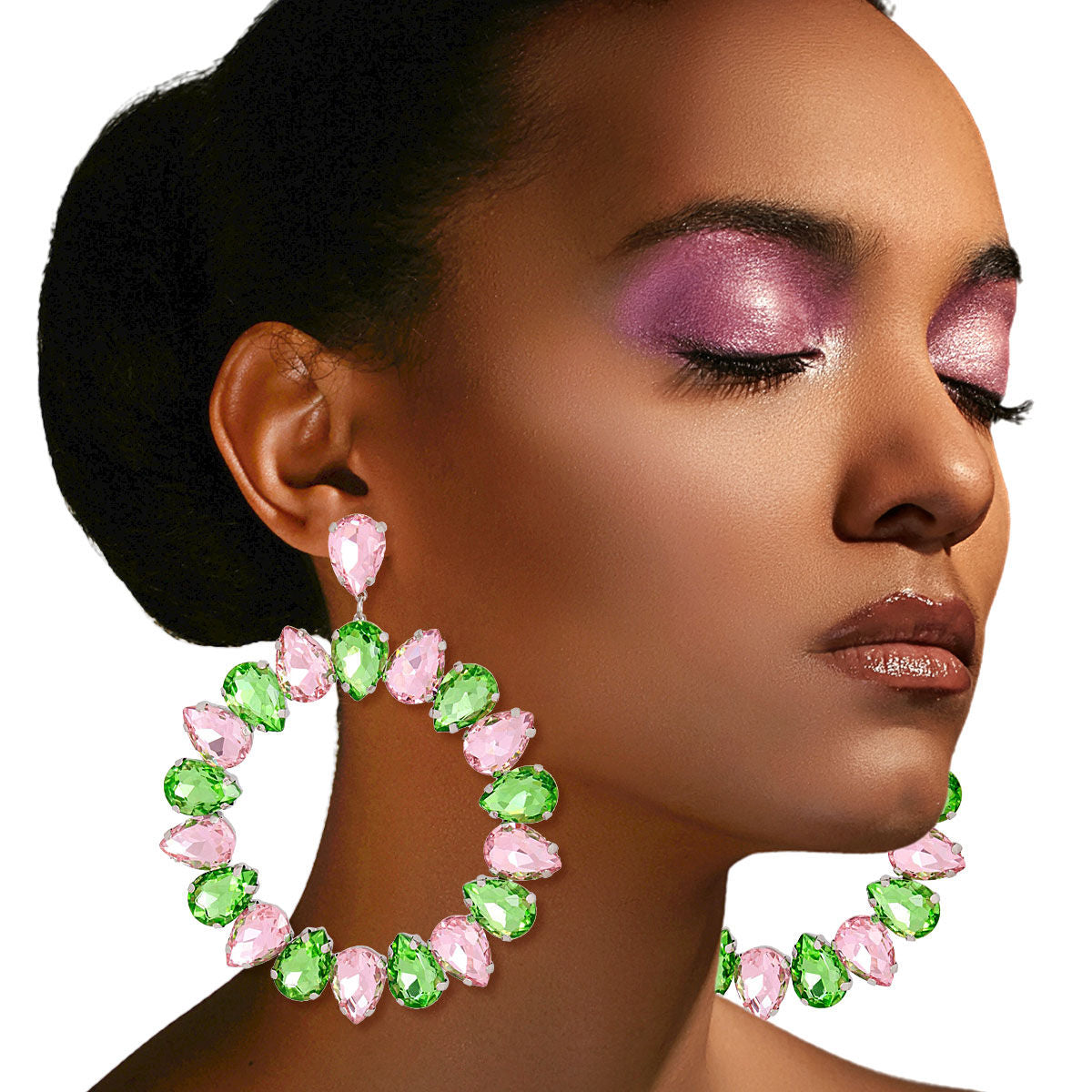 Pink Green Glass Drop Hoop Earrings