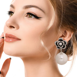 Designer Black Flower Silver Earrings