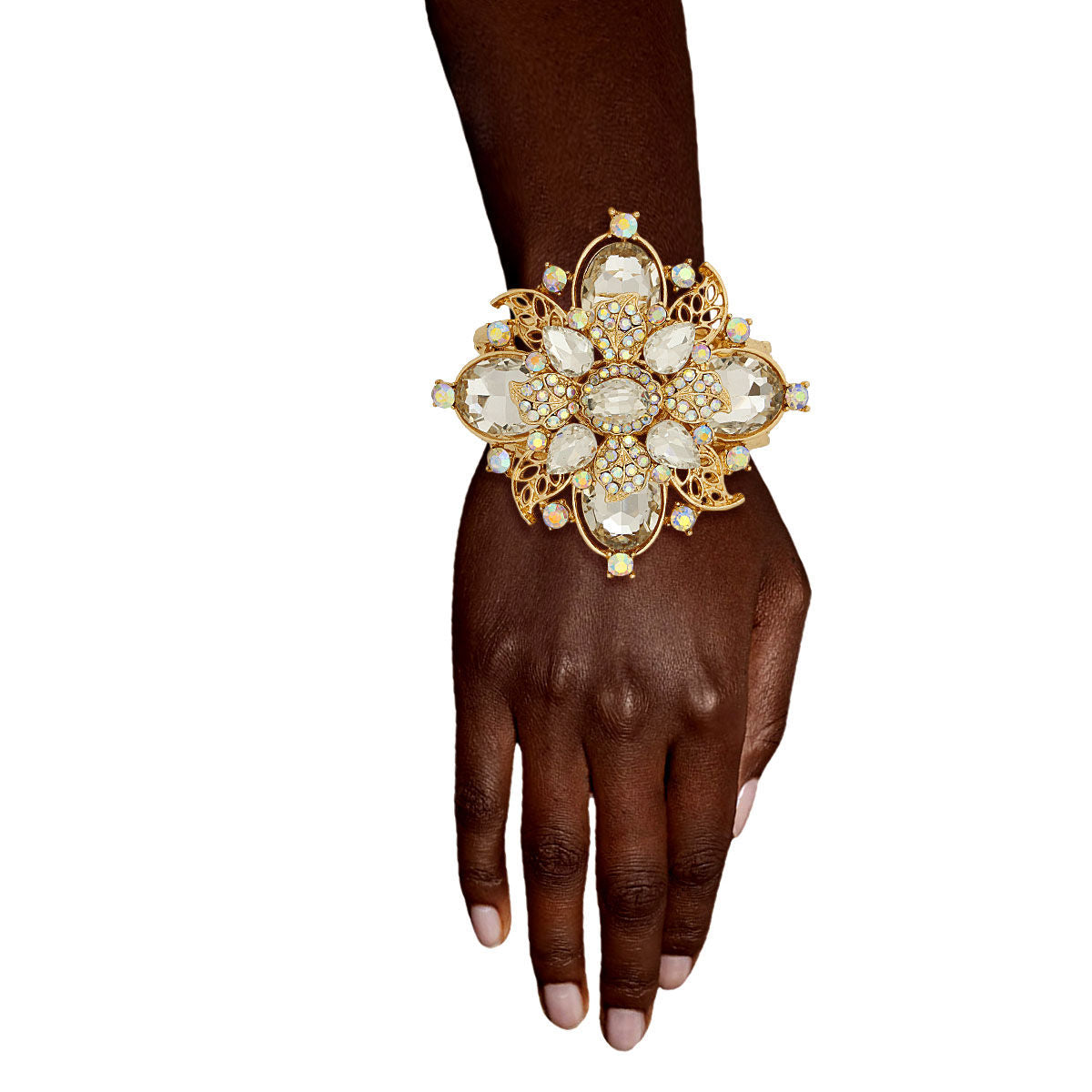 Gold Filigree Crystal Flower Cuff