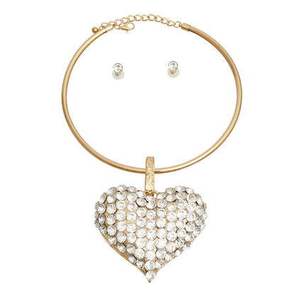 Gold Rigid Collar XL Rhinestone Heart Set