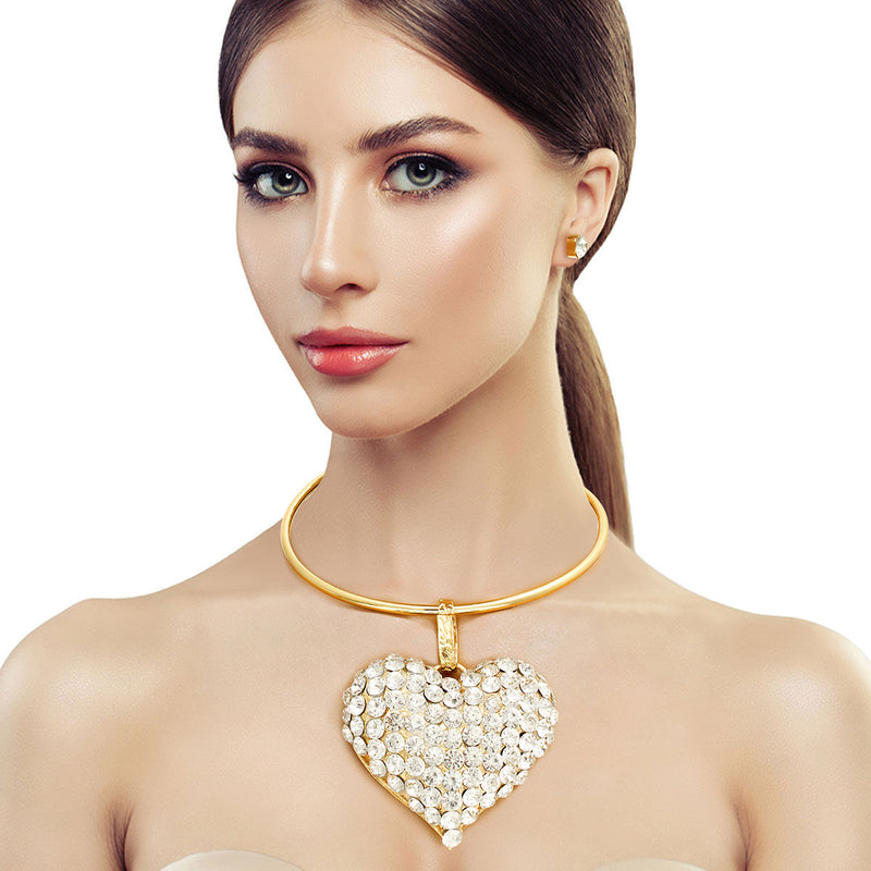 Gold Rigid Collar XL Rhinestone Heart Set