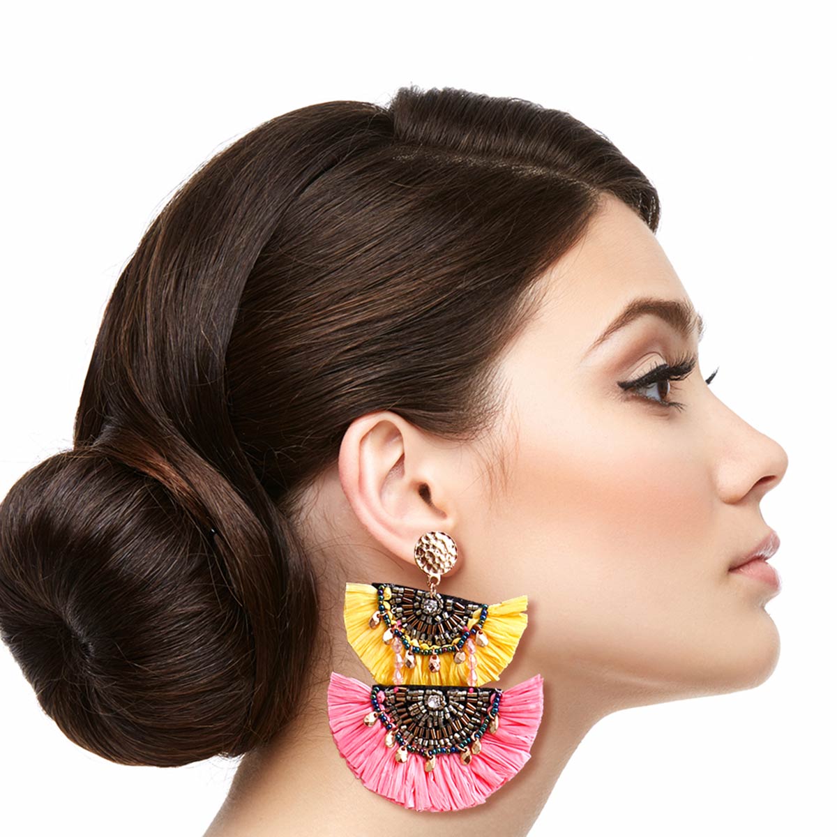 Yellow and Pink Raffia Tassel Earrings