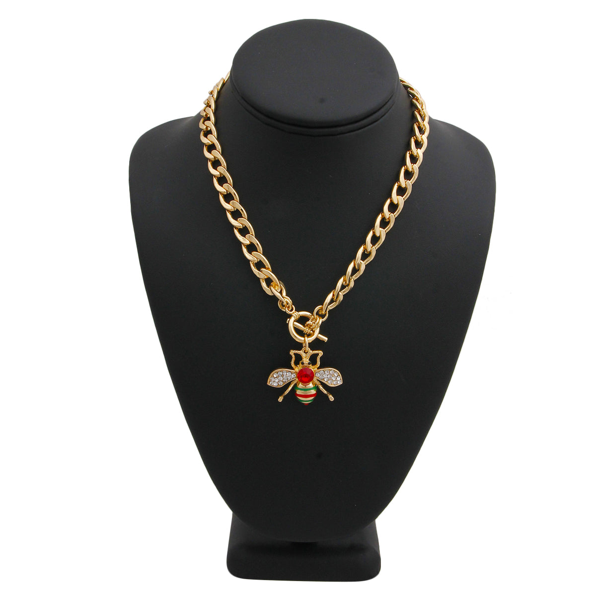 Designer Style Rhinestone Bee Toggle Necklace with Red Rhinestone Detail