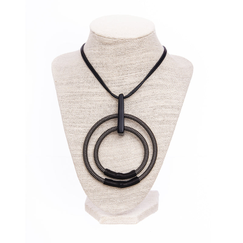 Okellas Adjustable Leather Necklace Black Cord 2 Herrinngbone Circles Black Resin Connector Black