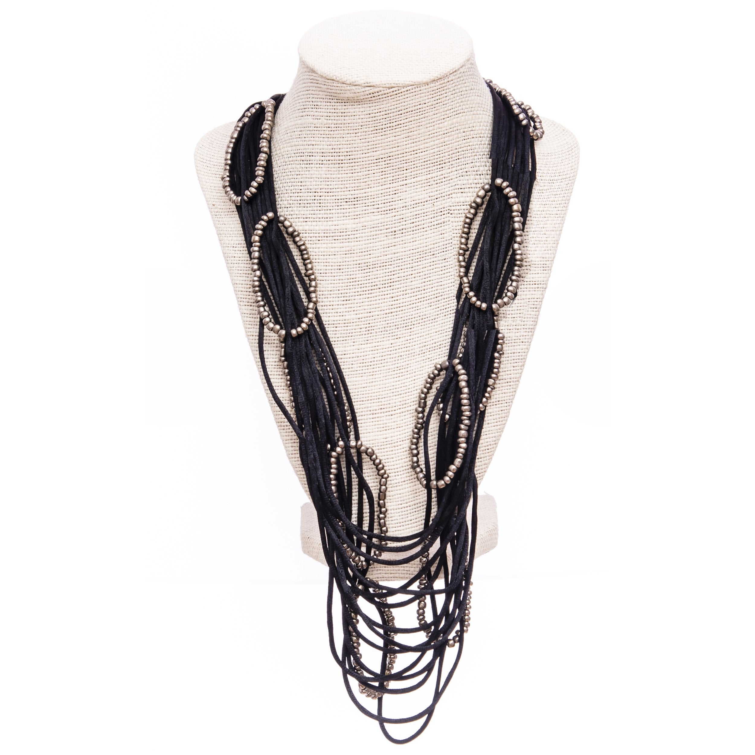 Okellas Multi-Strand Long Necklace With Silver Oval Beads Black And Silver