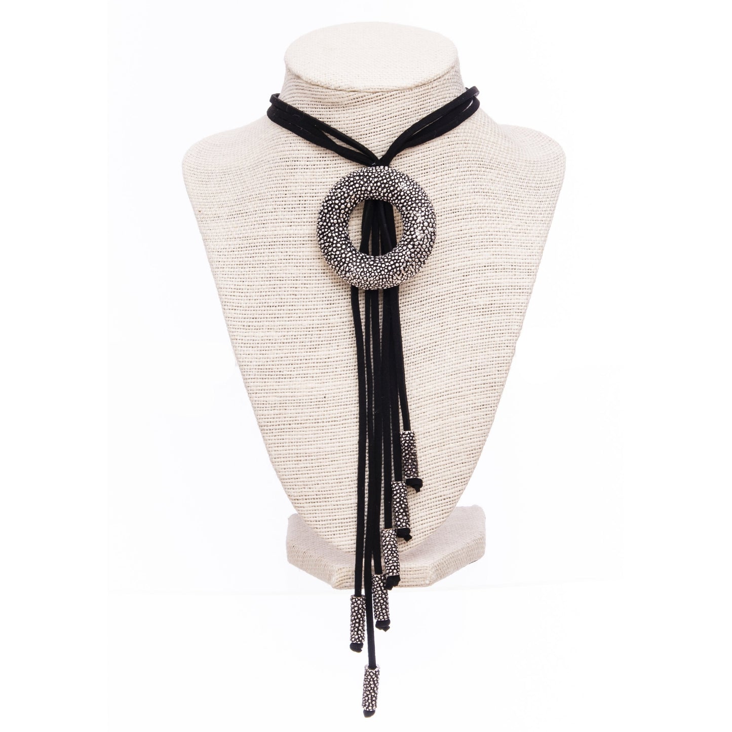 Okellas Suede Lariat Necklace With Shark Skin Donut Black