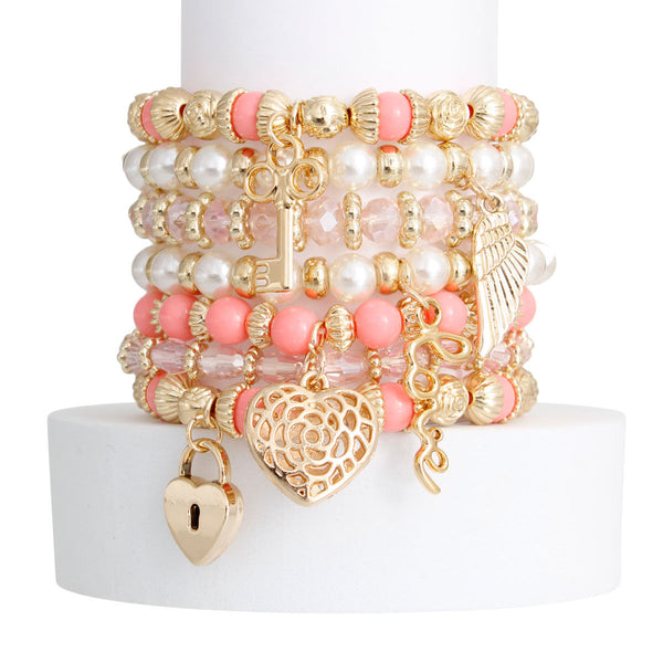 Pink and Pearl Love 7 Pcs Bracelets