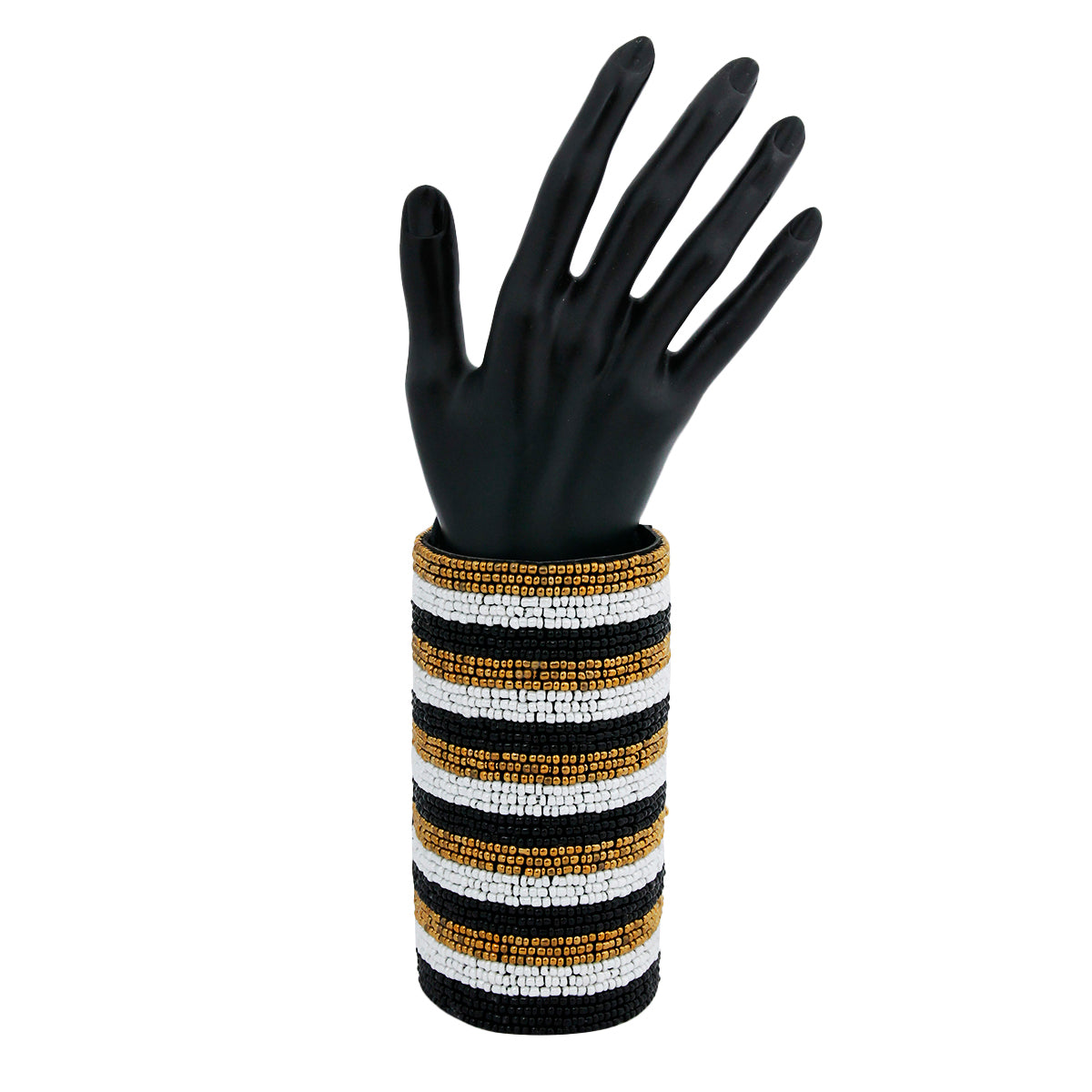 Black, White, and Gold Bead Striped Embroidered Arm Cuff Bracelet